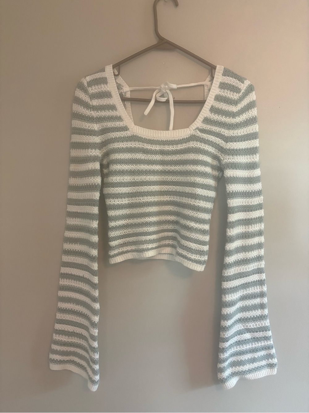 Hollister Cream & Light Green Striped Cropped Knit Top